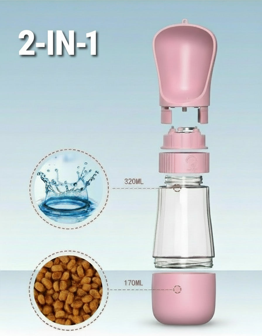 2-in-1 Hunde-Reiseflasche mit Futter- & Wasserspender