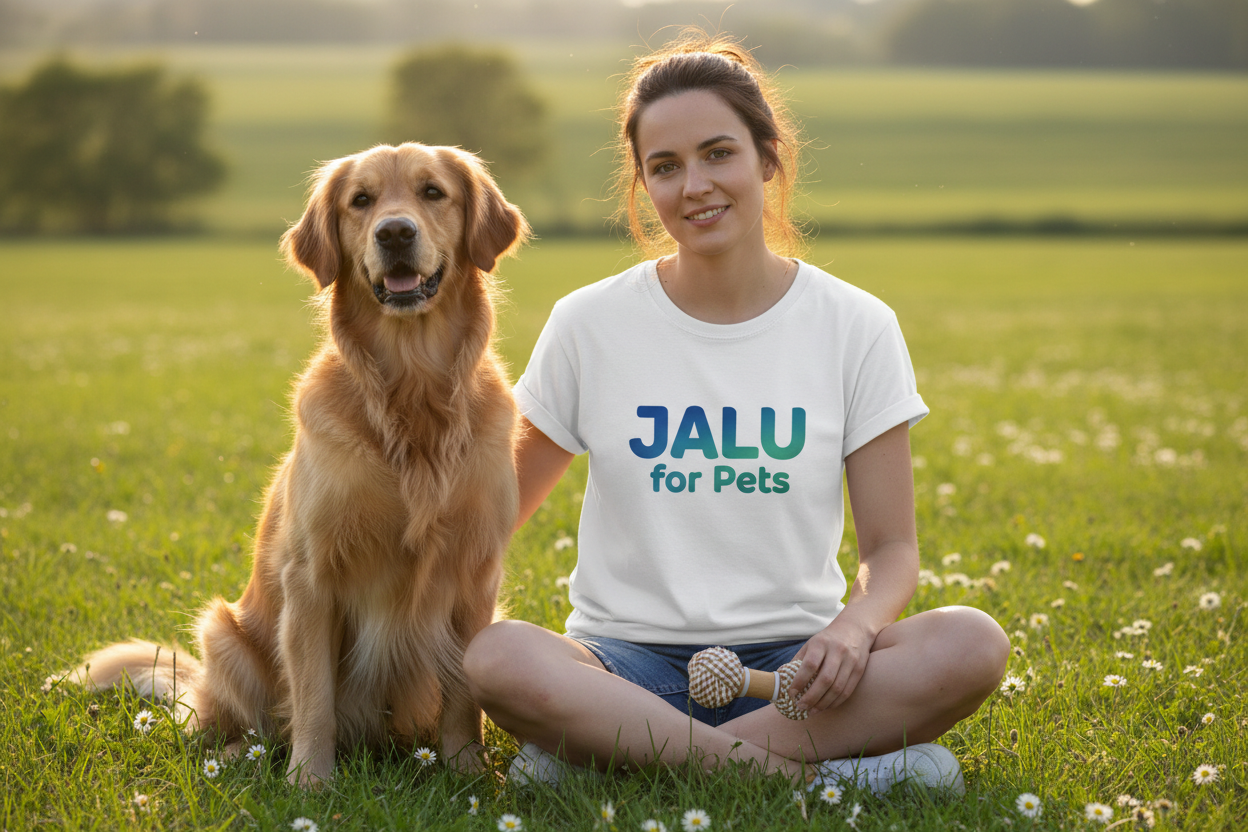 KANNST DU MIR EIN BILD ERSTELLEN MIT EINER FRAU AUF DER WIESE MIT IHREM HUND AUF IHREM T-SHIRT SOLL STEHE JALU for Pets in einer coolen schriftart und des bild soll so sein dass es in den online shop passt 